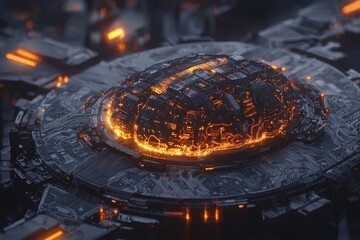 Poster - A dark, futuristic brain-shaped device with glowing orange circuits, symbolizing artificial intelligence, advanced technology, and neural networking capabilities.