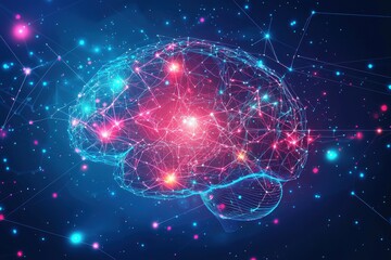 Poster - A glowing digital brain, representing artificial intelligence and the interconnectedness of the human mind, set against a backdrop of cosmic networks and stardust.