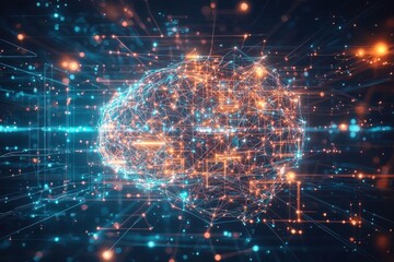 Poster - Conceptual image of a human brain formed by glowing points and connections, symbolizing artificial intelligence and neural network in a digital, technology landscape.