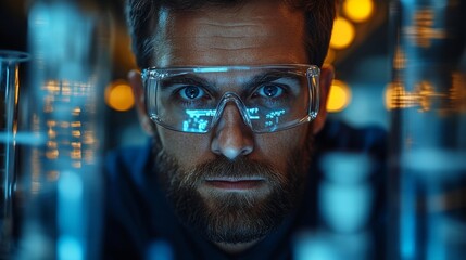 Poster - A researcher focuses intently on intricate experiments within a petrochemical facility, surrounded by automated machinery and glassware. The environment is illuminated by modern lighting.