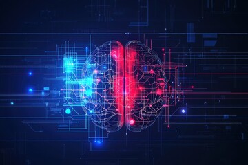 Poster - futuristic representation of the human brain with digital circuits, glowing in red and blue, symboli