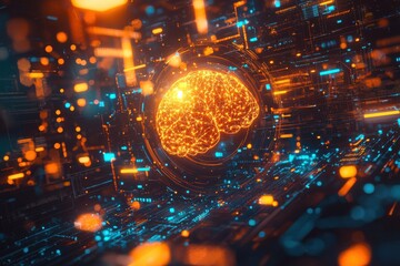 Poster - a bright golden brain enclosed in a digital circuit background, representing ai, high-tech innovatio