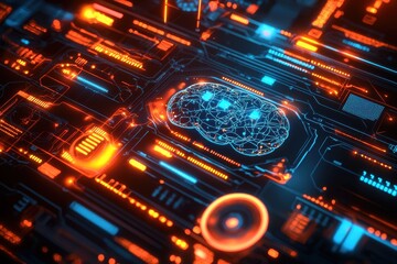 Poster - a digital brain on a glowing circuit board with orange and blue lights, symbolizing artificial intel