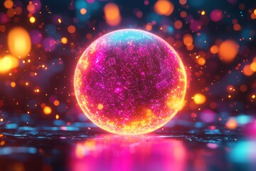 Poster - A vibrant sphere with a circuit board pattern, glowing in shades of pink, orange, and blue, reflecting on a surface with bokeh lights, concept design.
