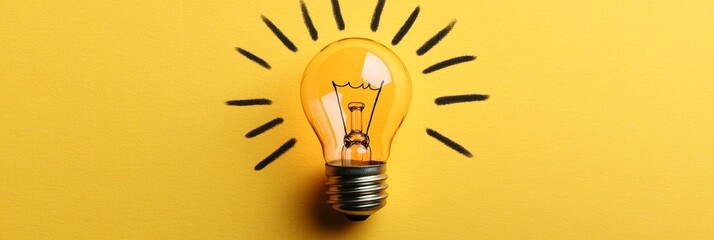Poster - Bright Idea Concept Illuminated Light Bulb with Hand-Drawn Rays on Vibrant Yellow Background