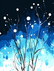 Aufkleber - Abstract blue watercolor painting with black branches and white dots