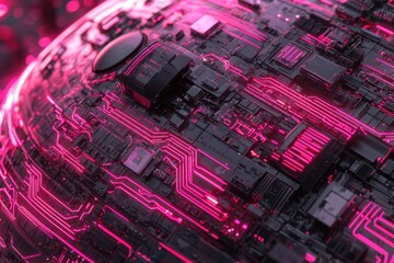 Poster - Close-up of a futuristic circuit board with glowing pink pathways, representing high-tech innovation, advanced technology, and the intricate design of modern electronics.