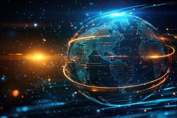 Poster - Digital globe with glowing circuits and energy rings symbolizing global connectivity, advanced technology, and the interconnectedness of the modern world.