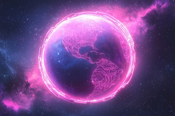 Poster - A vibrant digital Earth with pink circuit patterns against a cosmic nebula background, illustrating global technology, connectivity, and futuristic innovation in space.