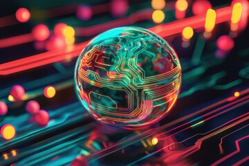 Poster - A futuristic glowing circuit board sphere with dynamic lines and vibrant colors, reflecting technology and innovation, creating an abstract digital background.