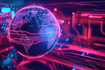 Poster - A dynamic futuristic globe, with glowing pink lines and a blue digital map, on a circuit board backdrop, symbolizing global technology and interconnected networks.