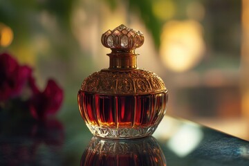 Poster - A perfume bottle sitting on a table with a simple background
