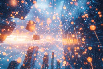 Poster - A futuristic cityscape with glowing particles floating between towering digital buildings, creating a vibrant and dynamic urban landscape, technology and progress concept.