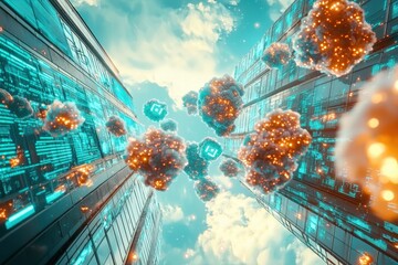 Poster - a surreal cityscape with glowing, cloud-like structures amidst futuristic buildings against a bright