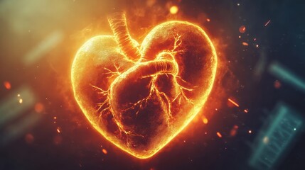 Fototapete - Glowing Heart Illustration with Fiery Effects Symbolizing Love, Passion, and Emotion in a Digital Art Composition