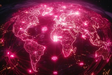 Poster - A digital representation of Earth illuminated with pink network connections, symbolizing global communication and data exchange, showcasing the interconnected world.