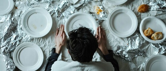 Poster - A person sits at a table with prepared plates of food, ideal for use in editorial or commercial contexts