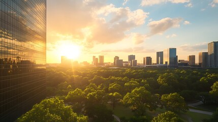 Poster - City skyline at sunset with greenery in the foreground and modern buildings reflecting the golden light.