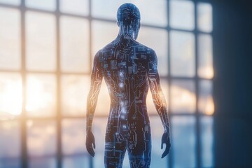 Poster - an abstract representation of a human figure composed of digital circuits, standing against a bright