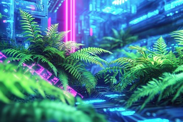 Poster - A vibrant juxtaposition of lush greenery and futuristic neon-lit technology, blurring the lines between nature and innovation, showcasing sustainable urban development concepts.