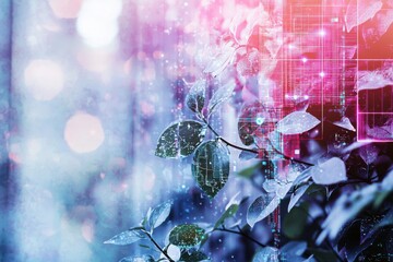 Poster - Abstract digital artwork showcasing leaves overlaid with circuit patterns against a bokeh background, symbolizing the intersection of nature and technology in a vibrant, modern design.