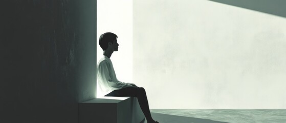 Aufkleber - A person sitting on a ledge, gazing out the window with contemplative expression