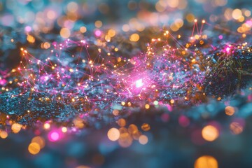 Fototapete - An abstract futuristic network of glowing connections and bokeh lights creates a vibrant, dynamic display, representing digital communication and data flow in a modern high-tech environment.