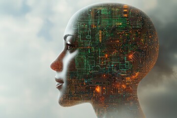 Poster - Artificial intelligence concept: A female profile with integrated circuitry patterns, evoking the fusion of humanity and technology, against a soft, dreamy background.