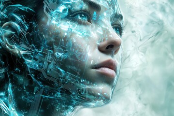 Poster - A futuristic representation of a woman's face with embedded circuit board patterns, creating a cyborg-like appearance with bright blue glowing accents and digital technology.