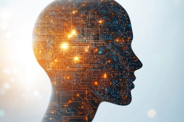 Poster - Artificial intelligence concept showing glowing circuit board inside human head, representing advanced technology, connectivity and machine learning potential.