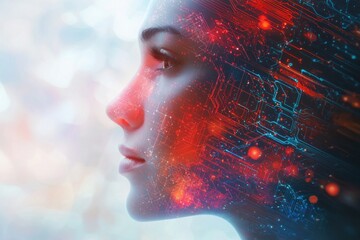 Poster - A futuristic woman's profile with circuit patterns overlaid, representing artificial intelligence, digital technology, and the evolution of human-machine interfaces.