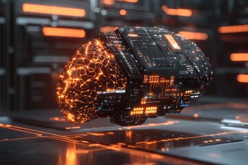 Poster - A high-tech depiction of a human brain integrated with complex circuitry and glowing lines, symbolizing artificial intelligence and advanced technology.