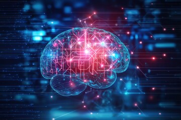 Poster - A futuristic brain design, symbolizing artificial intelligence, cognitive function and advanced computer network technologies.
