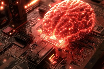 Poster - Glowing red digital brain on a circuit board, illustrating artificial intelligence, advanced technology, and innovative solutions for the future of computing.