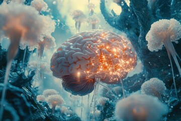 Poster - Intricate human brain illuminated with glowing network connections amidst abstract floral structures, representing cognitive processes, knowledge, and futuristic technology.