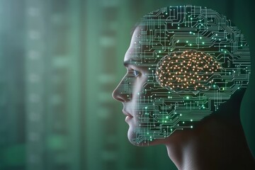 Poster - Profile of a man with glowing circuits, representing artificial intelligence and the advanced technology with neural networks processing information in human brain