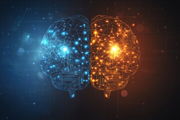 Poster - Abstract representation of human brain with left analytical side and right creative side connected with glowing synapses and circuits, artificial intelligence.