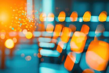 Poster - A vibrant abstract composition with blurred orange and teal lights creating a dynamic and festive bokeh effect, suggestive of celebration and energy, perfect for backgrounds.