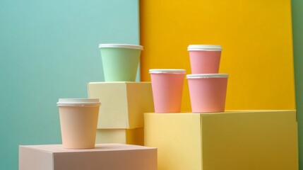 Poster - Various cups in soft pastel shades are creatively arranged on geometric blocks, showcasing a blend of colors. The setting enhances their playful aesthetic appeal