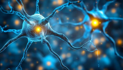 Poster - Luminous Blue Molecular Structure, Connected Nodes with Bright Energy Pathways, Crisp Focus.