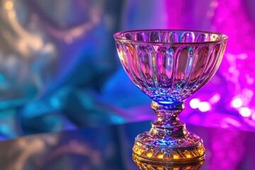 Poster - A close-up of a crystal glass goblet shimmering with vibrant, iridescent colors, reflecting a modern, abstract background with hues of pink and blue light.