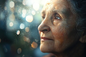 Poster - A senior citizen gazes out the window, watching the rain fall