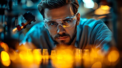 Poster - Technician carefully examines reflective materials in a laboratory, highlighting the intricate details of metallurgy.