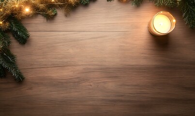 Aufkleber - Festive setting with greenery and a glowing candle on a wooden surface.