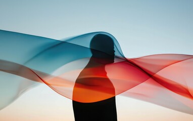 Poster - Ethereal Silhouette Behind Flowing Teal and Red Fabric