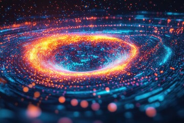 Fototapete - A mesmerizing digital vortex of swirling particles, glowing with vibrant blue and orange lights, creating a captivating and dynamic abstract space art piece.