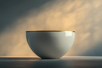 Poster - Elegant white bowl with a golden rim sitting on a textured surface, bathed in soft, diffused light creating subtle shadows on the neutral backdrop.
