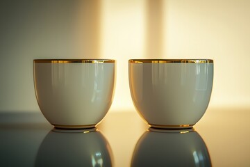 Poster - A pair of elegant white ceramic tea cups with gold trim sitting on a reflective surface, bathed in warm, golden light creating a sense of luxury and tranquility.