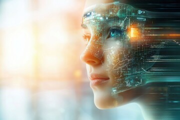 Poster - A woman's face overlaid with a futuristic digital grid, embodying the convergence of technology and humanity, symbolizing the future of artificial intelligence and digital identity.