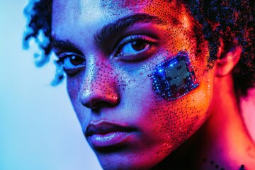 Poster - Futuristic portrait of a person with integrated technology and glowing microcircuits, symbolizing the merging of humans and artificial intelligence, illuminated by vibrant neon colors.